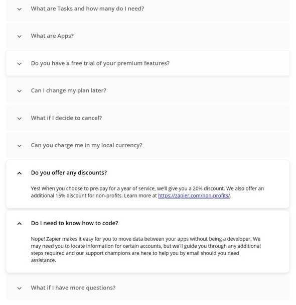 Zapier pricing page with FAQ section