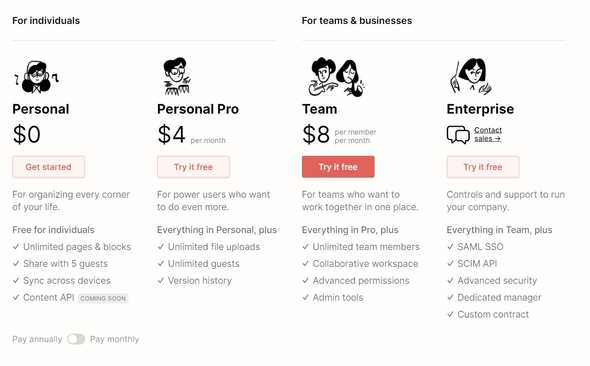 Notion pricing page
