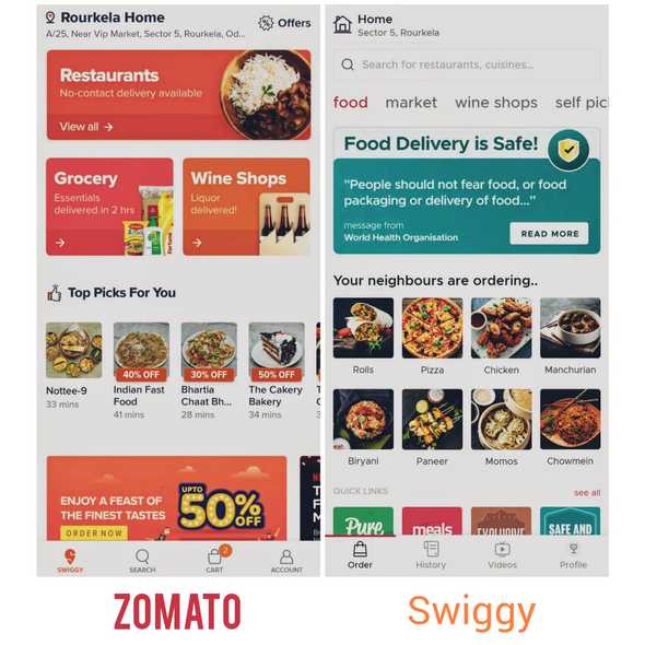 Landing page of Swiggy and Zomato