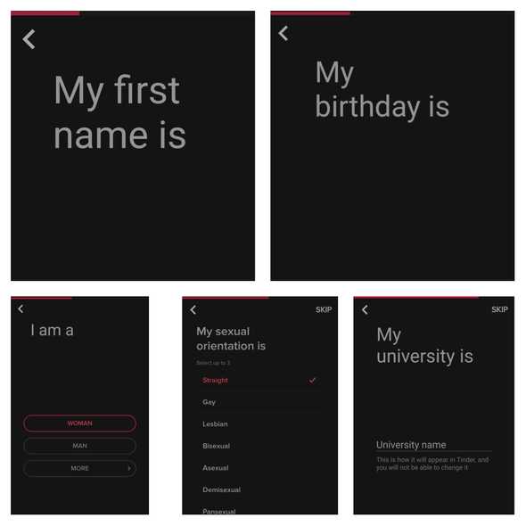 Registeration process on Tinder