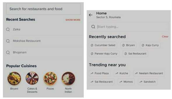 Search bars of Swiggy and Zomato